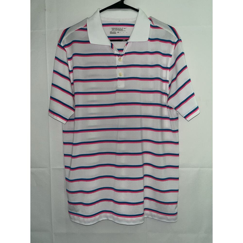 Nike Golf Polo Shirt Mens Size M Tour Performance Dri-Fit Striped Pink Blue